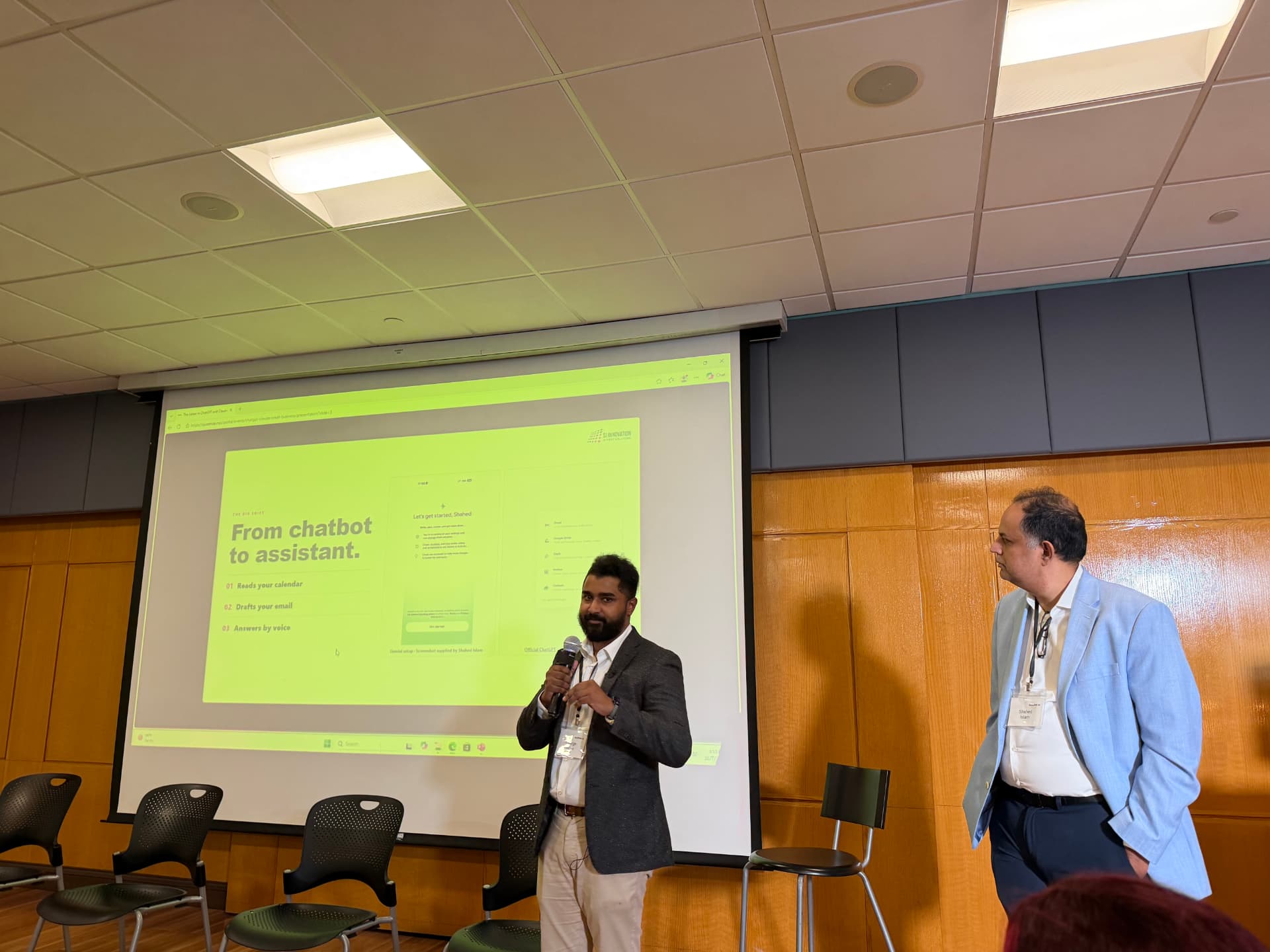 George Baroi and Shahed Islam presenting how AI assistants help with calendar and email