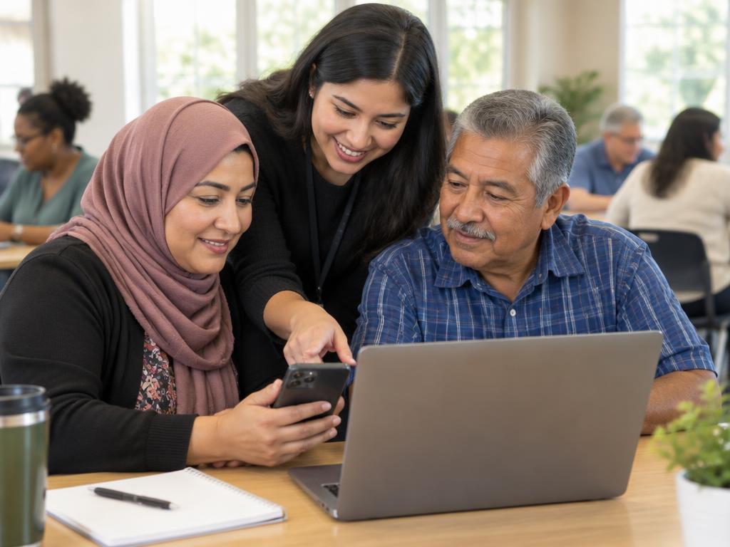 Illustration: trainer helping two business owners with a phone and laptop
